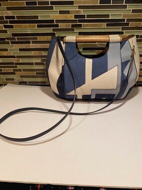 TORY BURCH Dowel Patchwork Nubuck Round Tote Wooden Hand